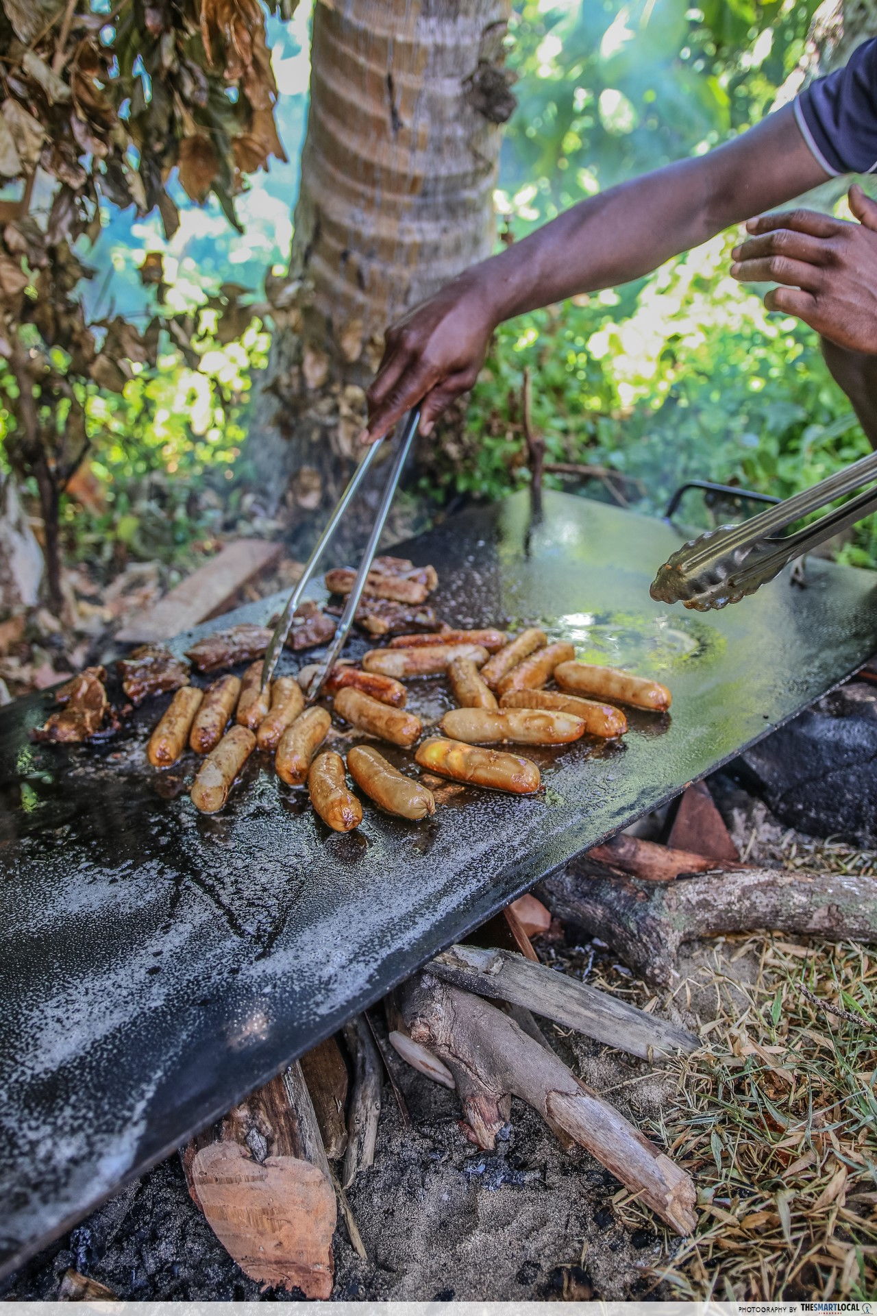 lunch field camp-style on private island, grilling with rocks and coal, Fiji Islands
