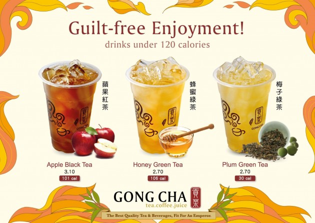 gong cha's menu with drinks under 120 calories