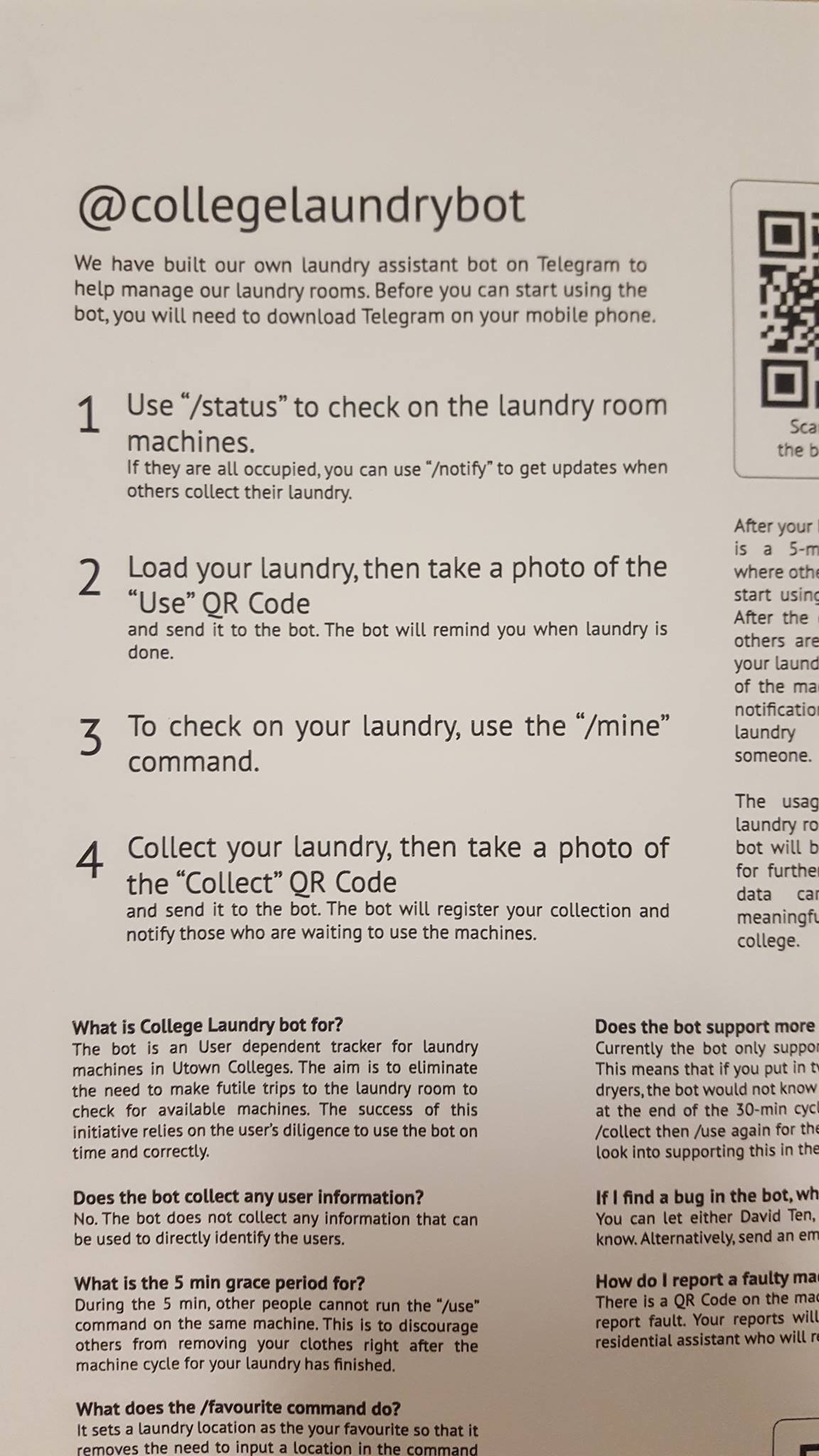 Commands for checking your laundry with the NUS College Laundry Bot!