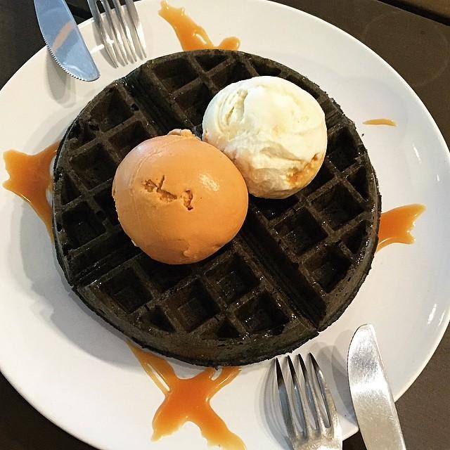 obscure cafes - charcoal waffle and ice cream