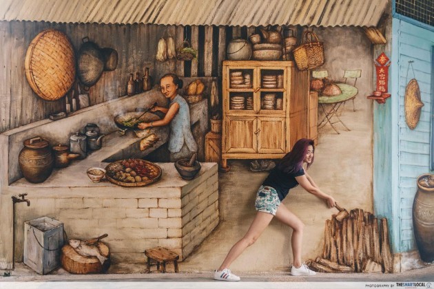 Taking photos at the wall murals of Reminiscing Ang Mo Kio