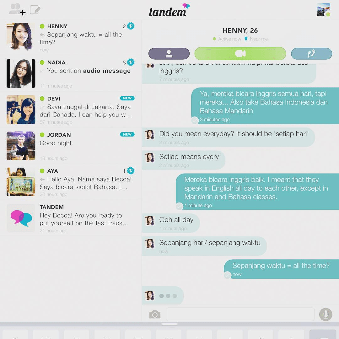 chatting on language exchange app - tandem