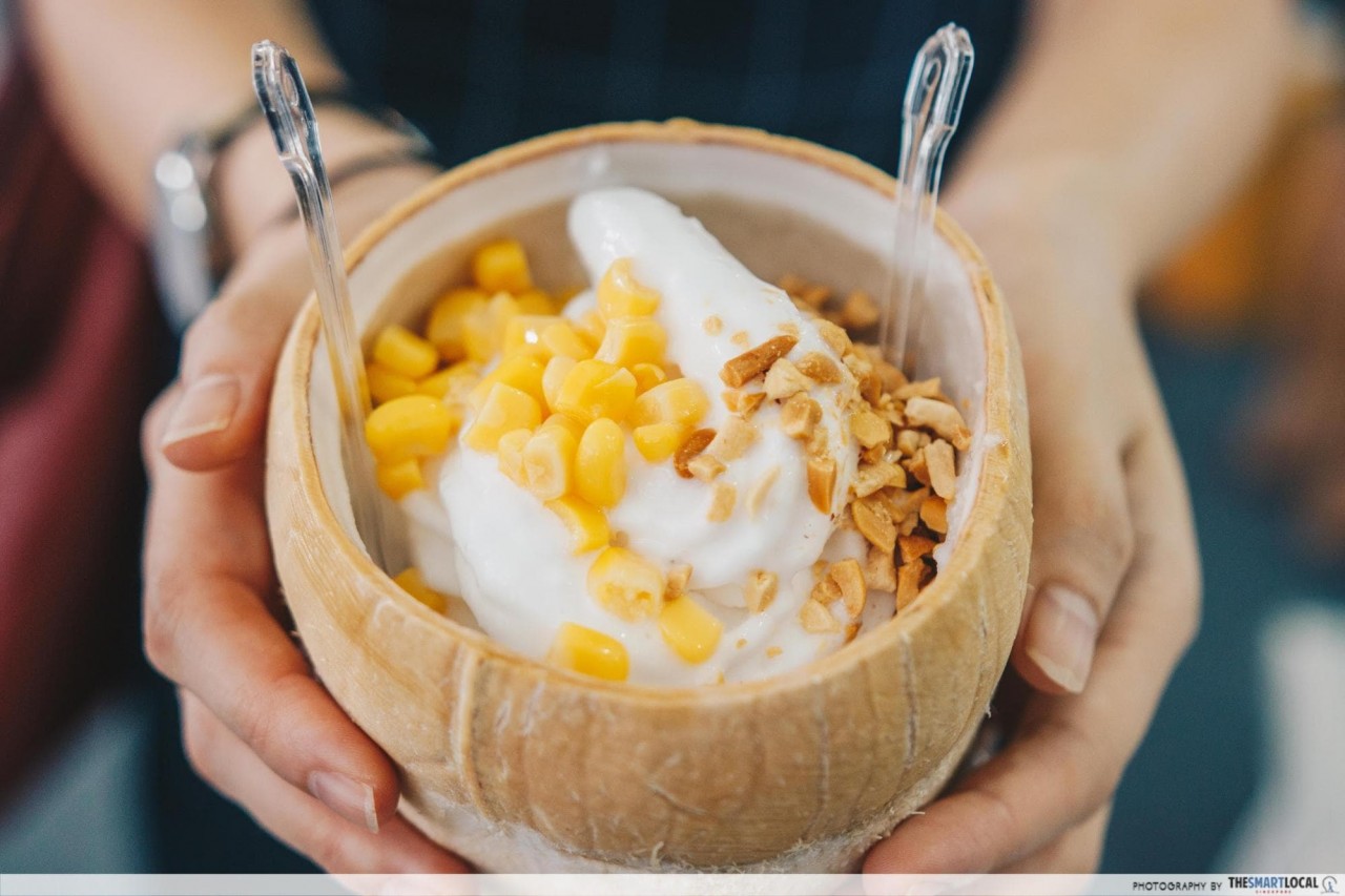 siam coconut - coconut soft serve with corn and peanuts