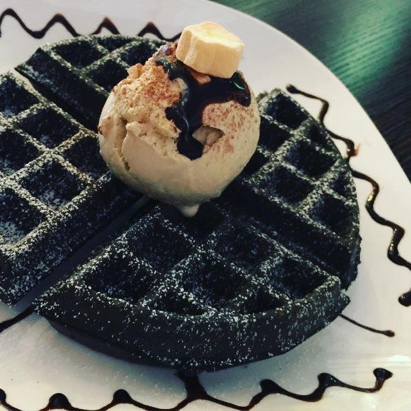 charcoal waffle at batter fluffy flaps