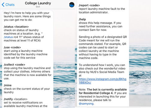 NUS College Laundry bot on Telegram