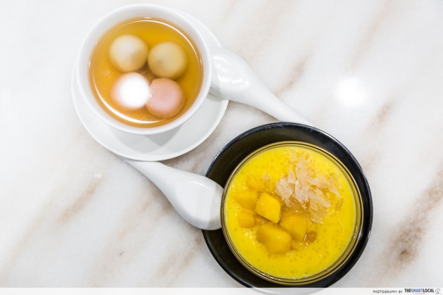 mango pomelo with sago and glutinous rice ball in ginseng soup