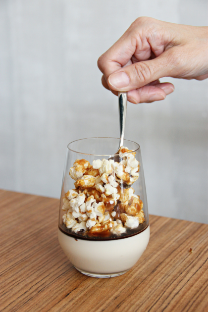 panna cotta topped with caramel popcorn