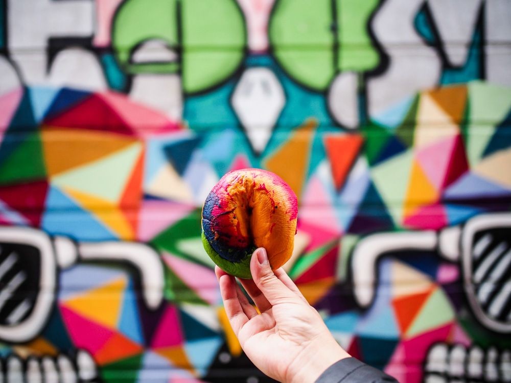 Rainbow food bagel Shoreditch graffiti murals instagram worthy photogenic spots
