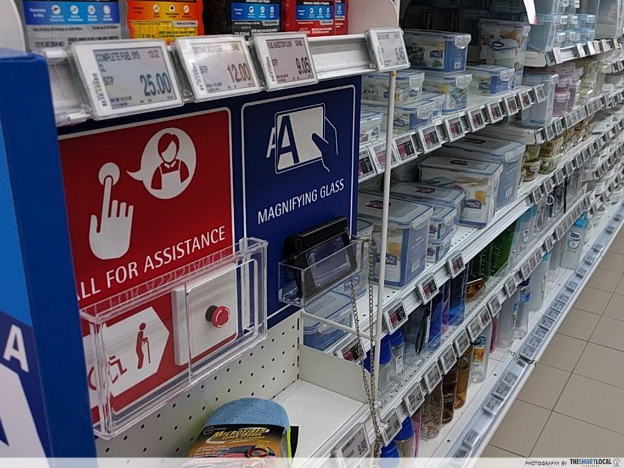 Elderly and disabled friendly features at NTUC fairprice call assistance buttons and magnifying glasses