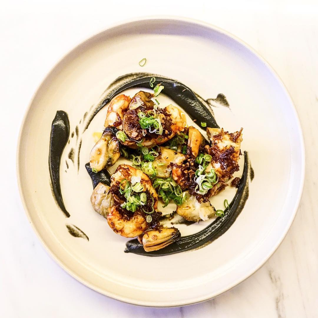 Feb 2018 cafes and restaurants (33) - Kimme Spanish prawns with XO sauce, Jerusalem artichoke and garlic crumble