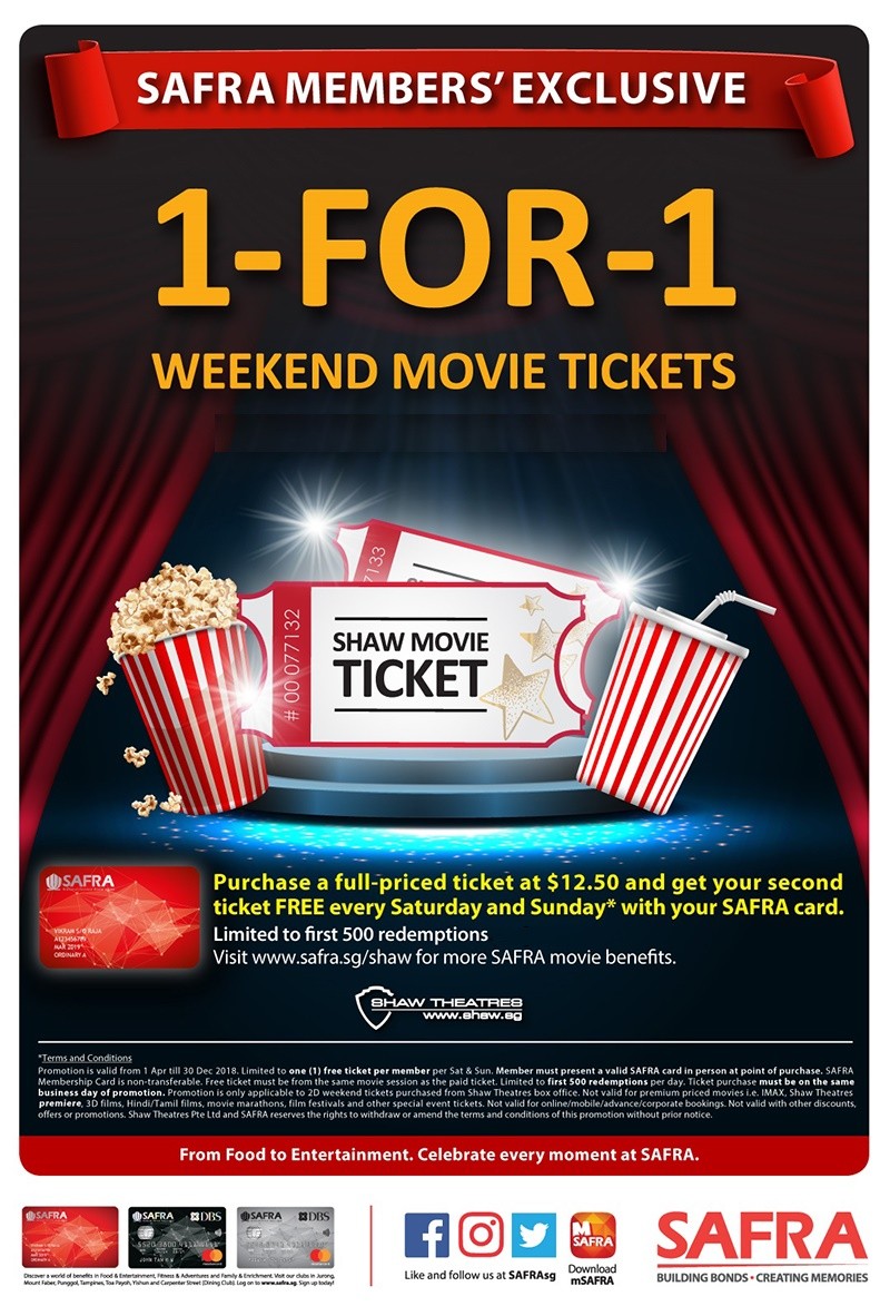 shaw movie tickets 1-for-1 safra member