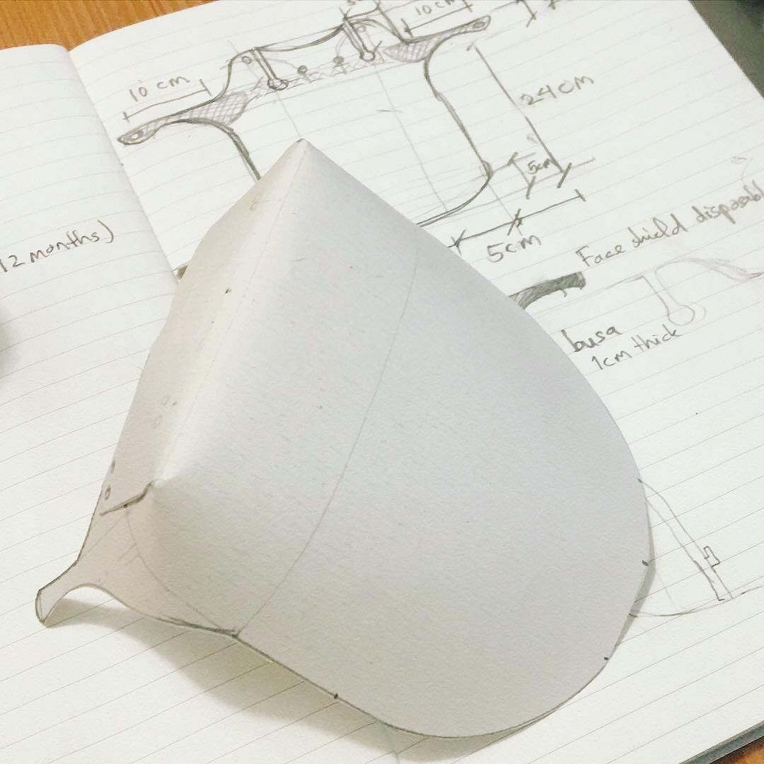 A paper model of the face shield in the early stage of prototyping