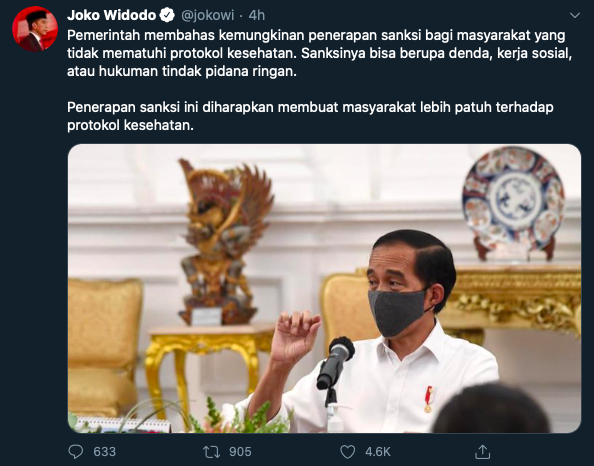 Health protocol breakers could face sanctions - President Joko Widodo's tweet