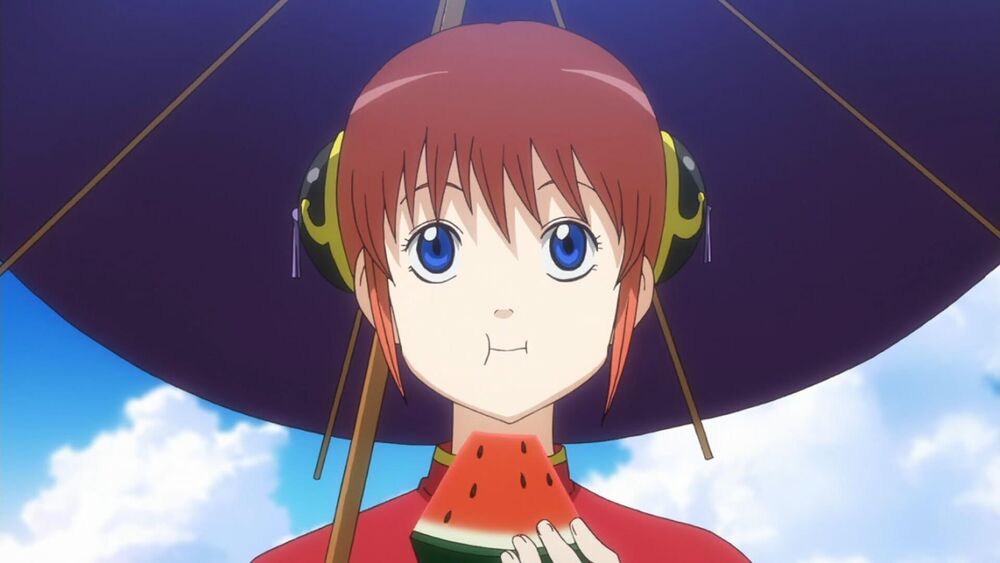 Anime speech habits - kagura from gintama eating a watermelon