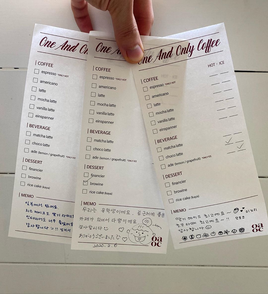 One And Only Coffee menu