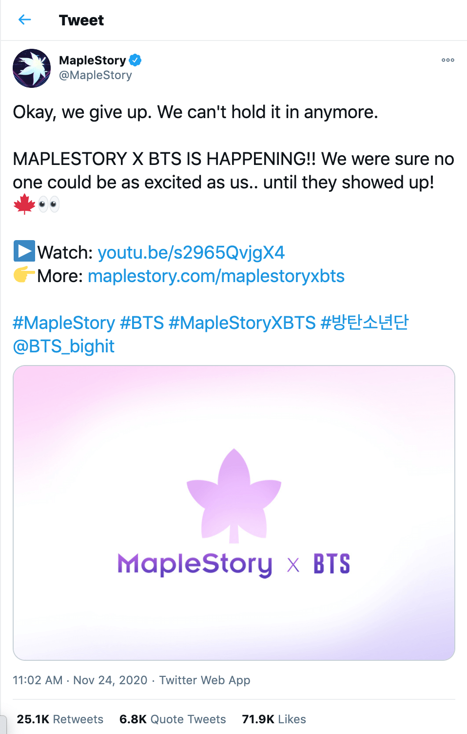 Maplestory BTS collab tweet