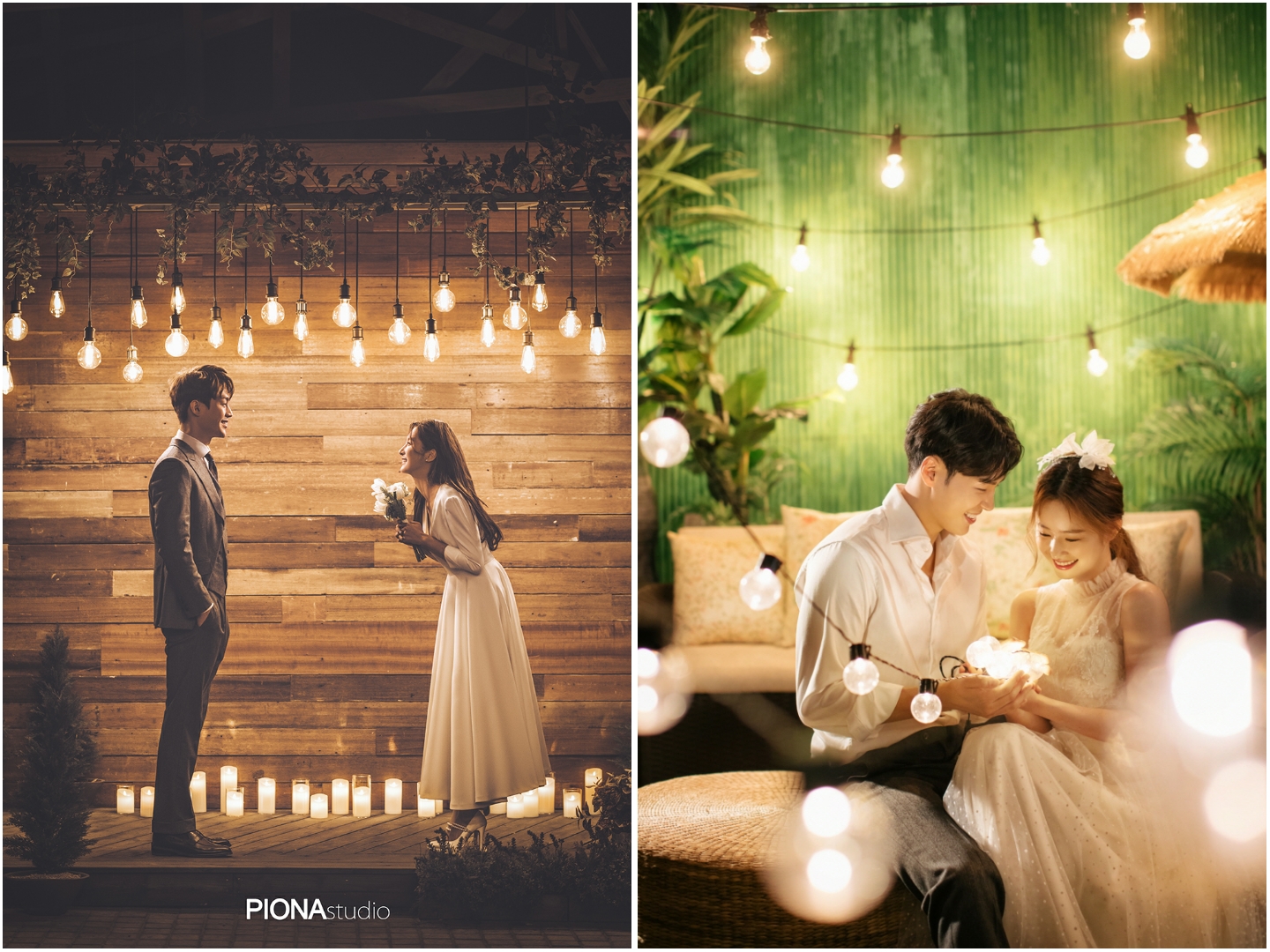 korean wedding photoshoot collage of fairy lights in the background