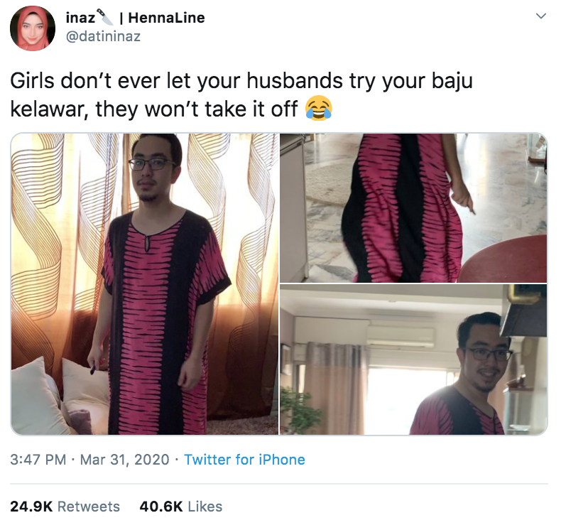 Husband tries out baju M'sian men wear baju kelawar, Twitter post