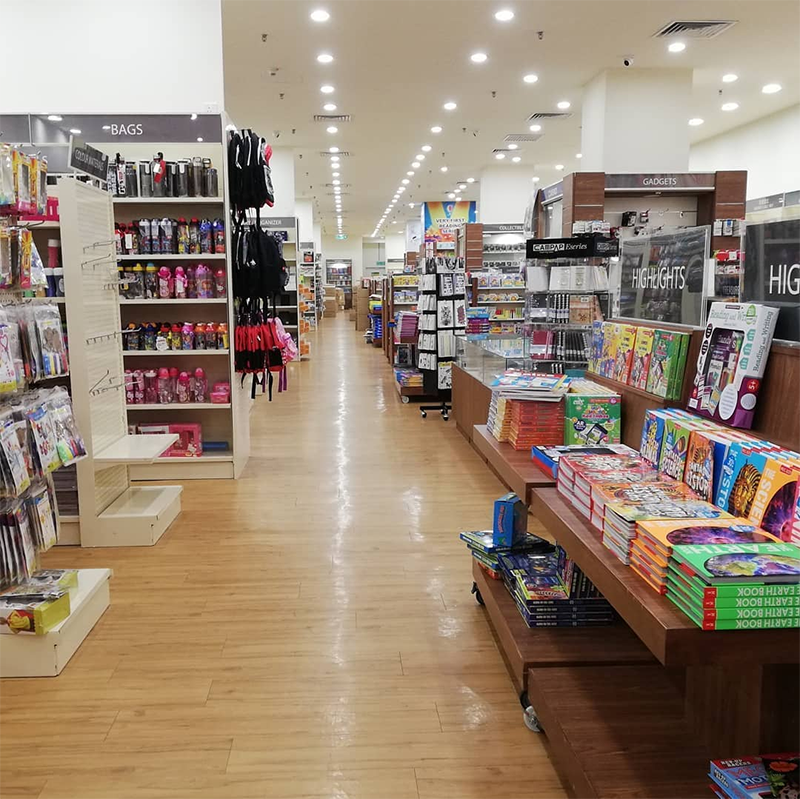 Stationery on empty shelves at MPH Bookstore