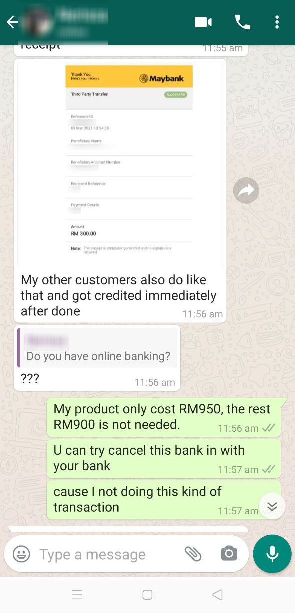 Buyer scammer on Mudah my who paid extra RM950 - text