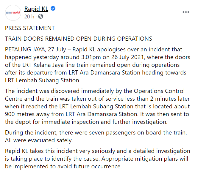 Rapid KL's Facebook post for open train doors