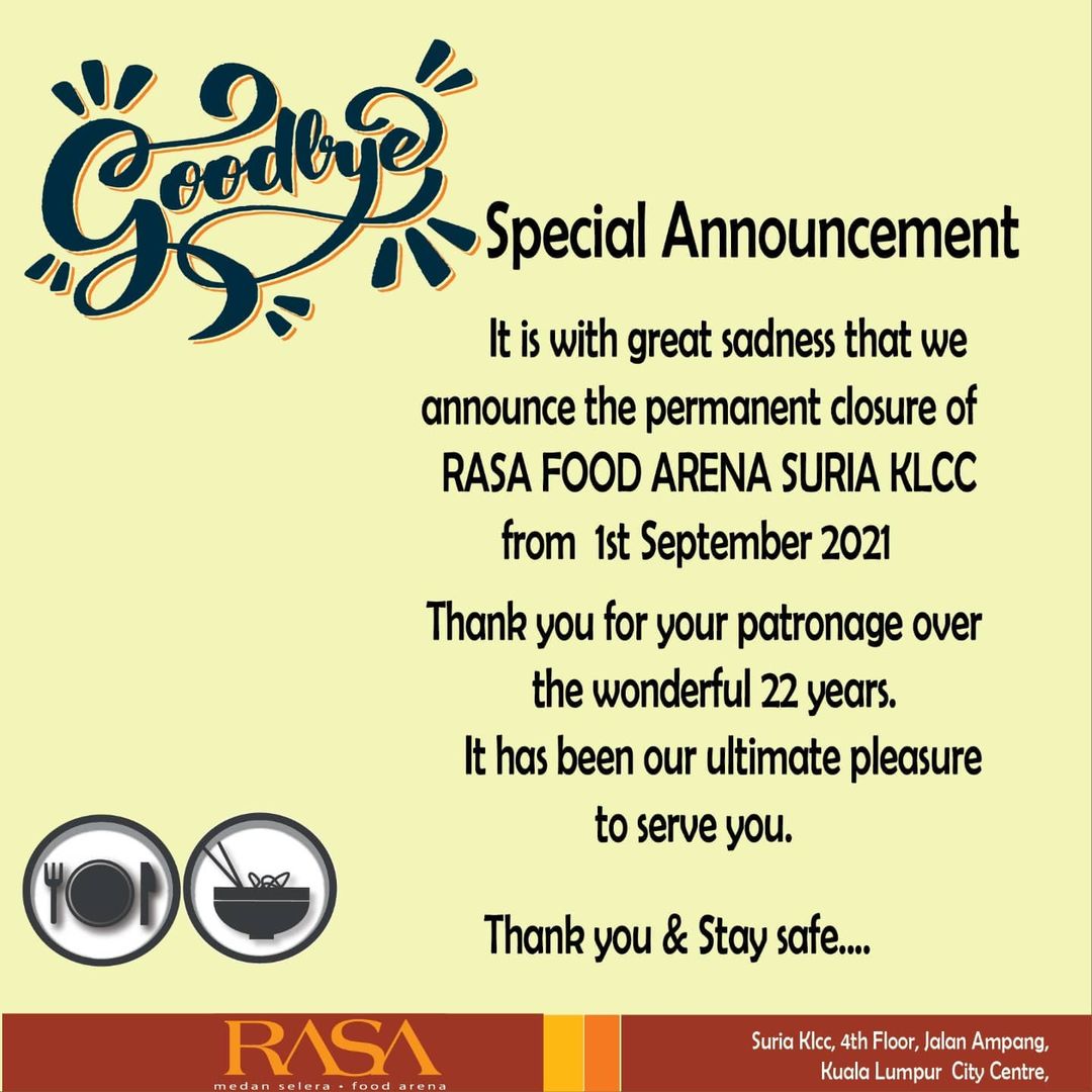 RASA Food Arena closes in Suria KLCC - Instagram