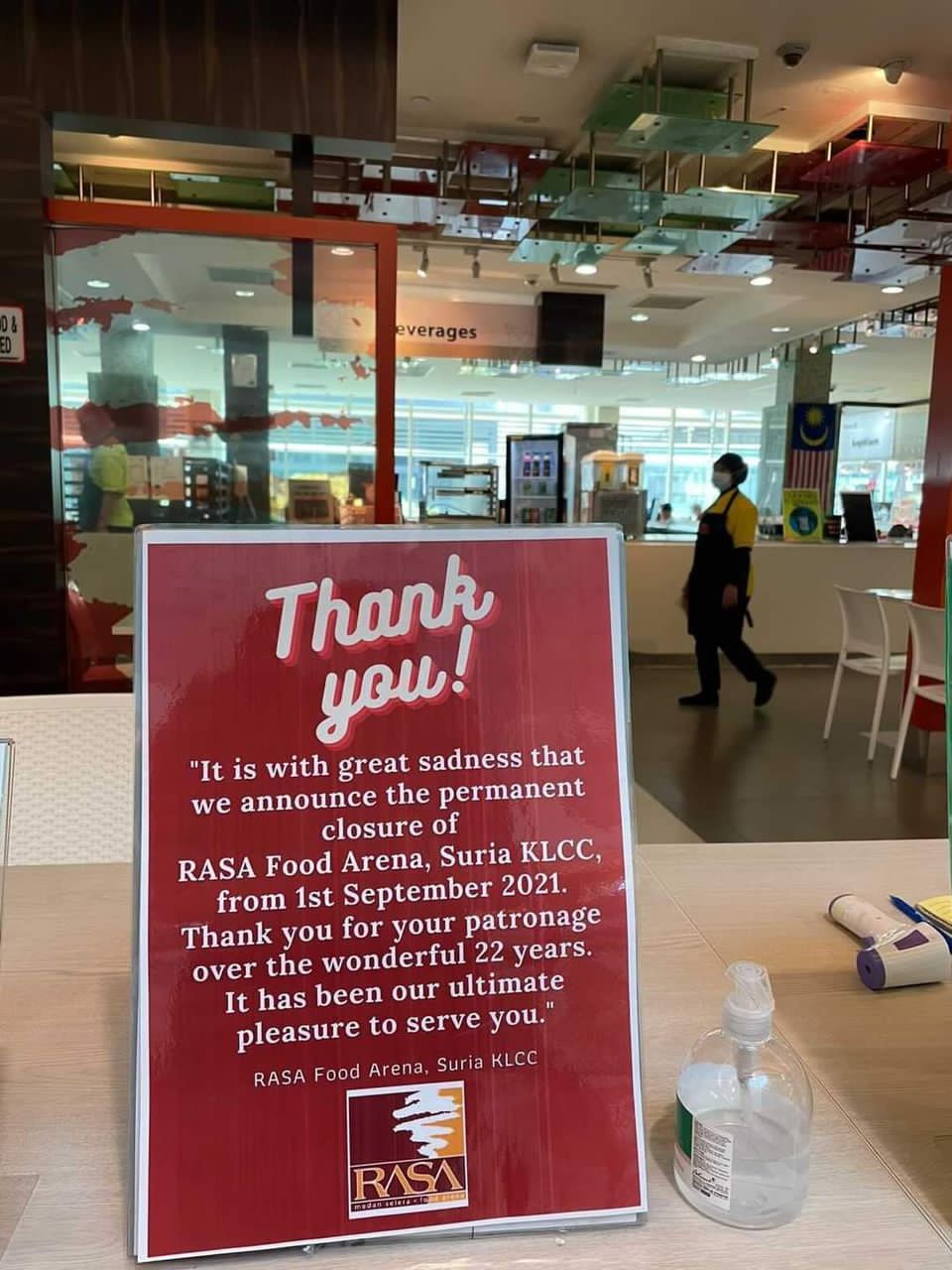 RASA Food Arena closes in Suria KLCC - sign