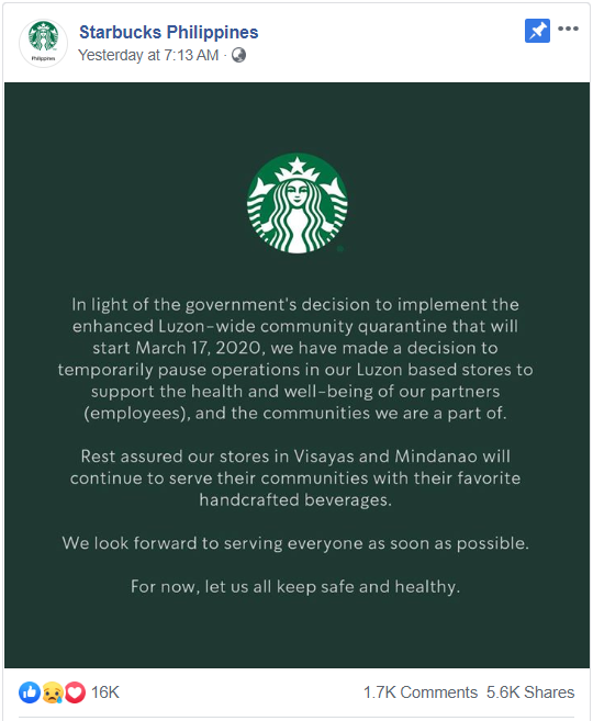 Starbucks's Facebook announcement on the tempory closure of its Luzon stores