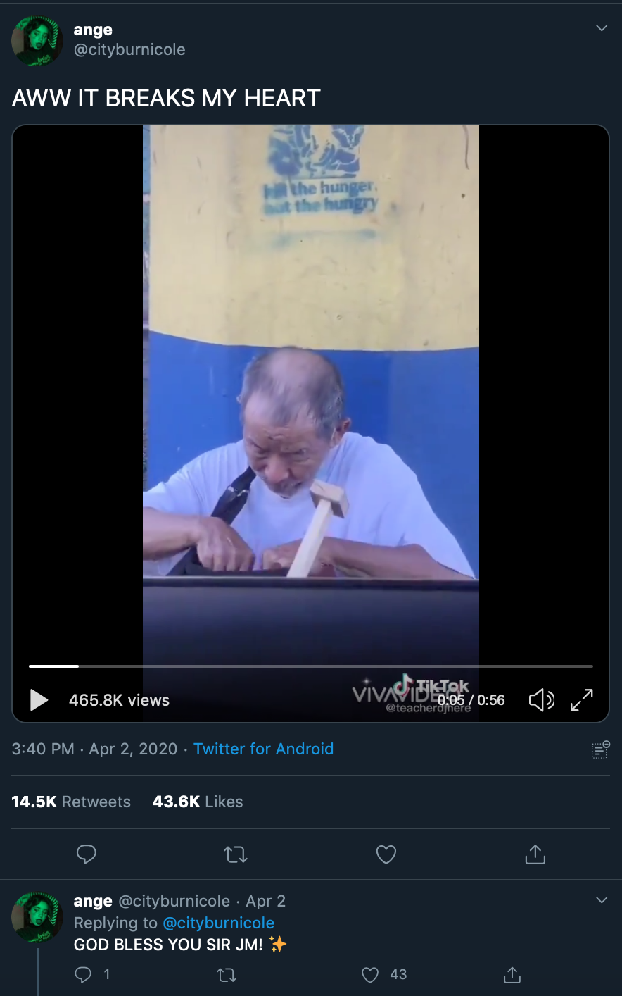 Twitter screenshot of viral tweet of an old man