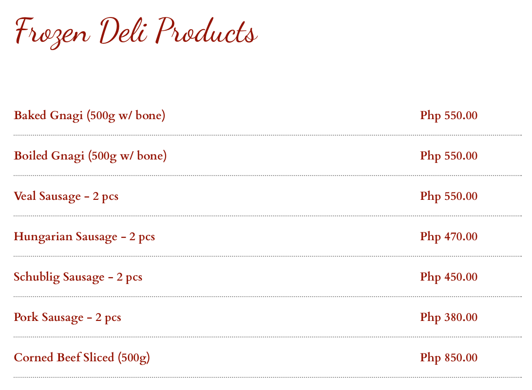 old swiss inn's list of frozen deli products