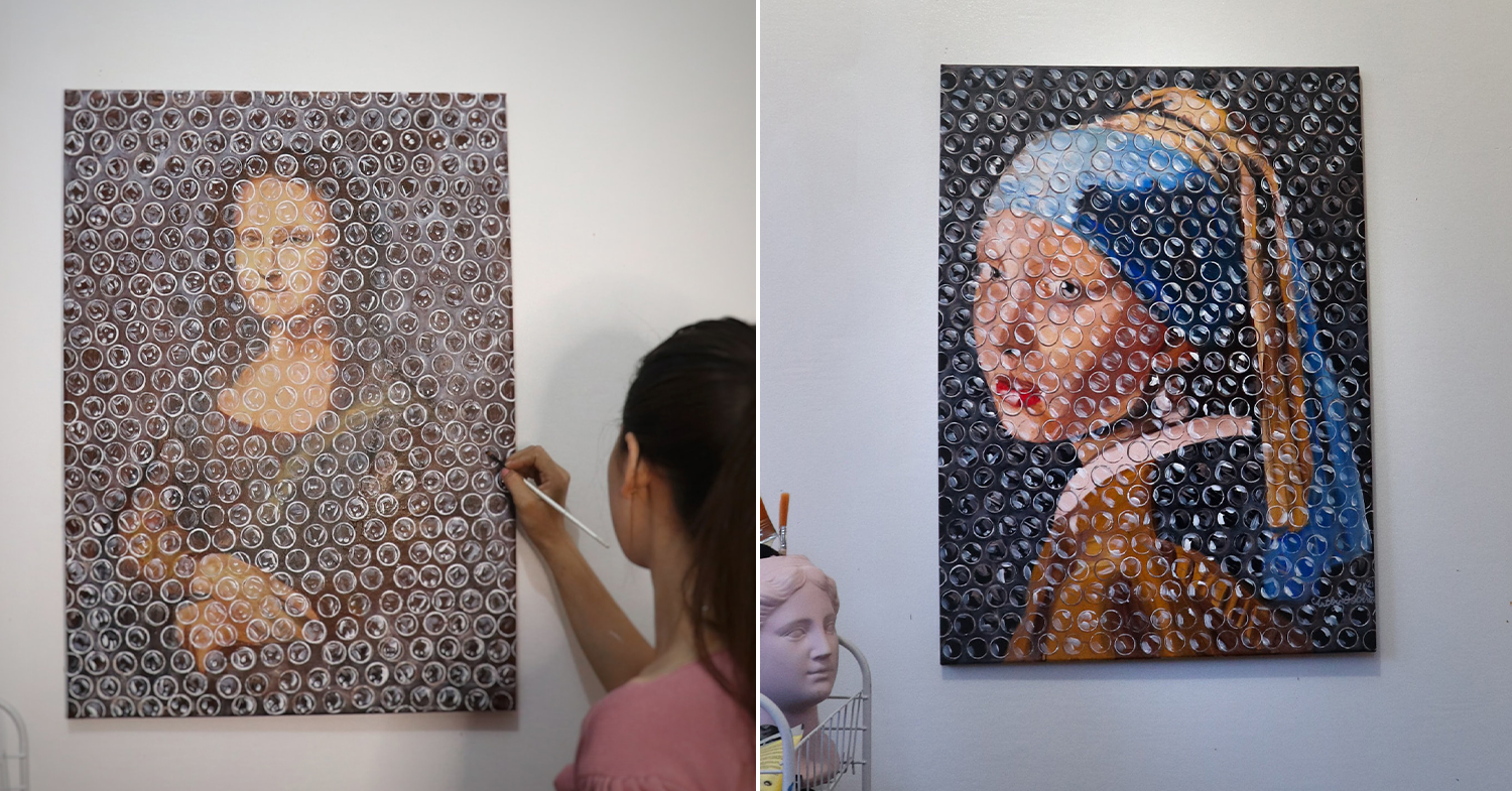 Bubble wrap effect paintings -Dacuma’s renditions of Mona Lisa (left) and Girl with a Pearl Earring (right)