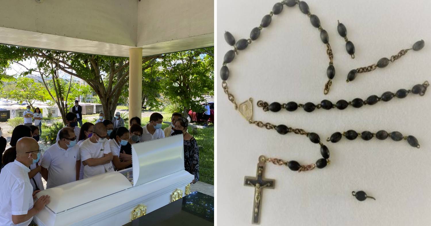 broken rosary or scapular in the casket