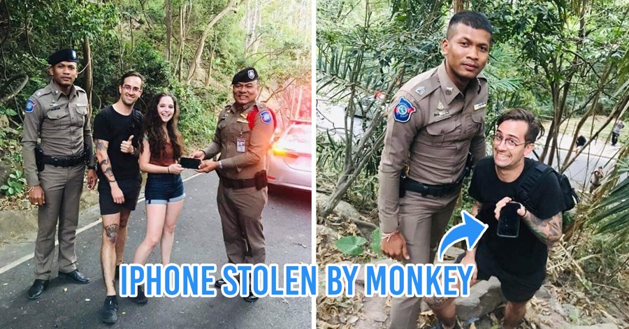 Monkey steals iPhone in Phuket Images adapted from: ข่าวชาวบ้าน - Thai TV Social If your belongings get stolen, the right thing to do is to immediately contact the local police. But what if the thief is a wild monkey? Well, you can still call the police for help, at least in Thailand. Image credit: ข่าวชาวบ้าน - Thai TV Social Last week, 2 American tourists were enjoying their trip on a mountain in Phuket when a wild monkey snatched an iPhone 10 from one of them before making its way into the jungle. Not before long, both contacted the local tourist police to ask for help since there was no sign of the monkey thief nor the iPhone. Police used ‘Find My iPhone’ Once they arrived, the police suggested for the pair to use the ‘Find My iPhone’ feature from another person’s iPhone to locate the one that was stolen. At first, the signal showed that the iPhone was located down a 30-metre-deep cliff. But when they climbed down a rock pile to search the area, they didn’t find anything. L: Finding the phone, R: Found it! Images adapted from: ข่าวชาวบ้าน - Thai TV Social The police then asked one of the tourists to call the phone and the ringtone was heard from the hill above. Luckily, when they followed the sound this time, they found the iPhone up there. No reports were made on whether they found the monkey with the phone. Look out for monkeys when in Thailand Image credit: Thethaiger Wild monkeys may look super cute and you might want to play with them. However, we suggest you suppress that urge. Being wild animals, monkeys can be very aggressive. They will likely steal your belongings or food when you’re not aware. In the worst case, they can attack you by biting or scratching, and you will need to get rabies and tetanus vaccines, as well as some stitches. So keep your safe distance. Contact the police for any emergency If you’re on your dream vacation in Thailand but find yourself in an urgent situation like this, don’t hesitate to contact the tourist police hotline 1155. The best part is this is a 24/7 number with multi-language translators to help you communicate with the police with convenience at any time. Bravo to these 2 Phuket tourist police for saving the day by retrieving the stolen item from the wild thief. Enjoying The Smart Local Thailand? Follow us on Instagram at @TheSmartLocalTH for more stories like this!