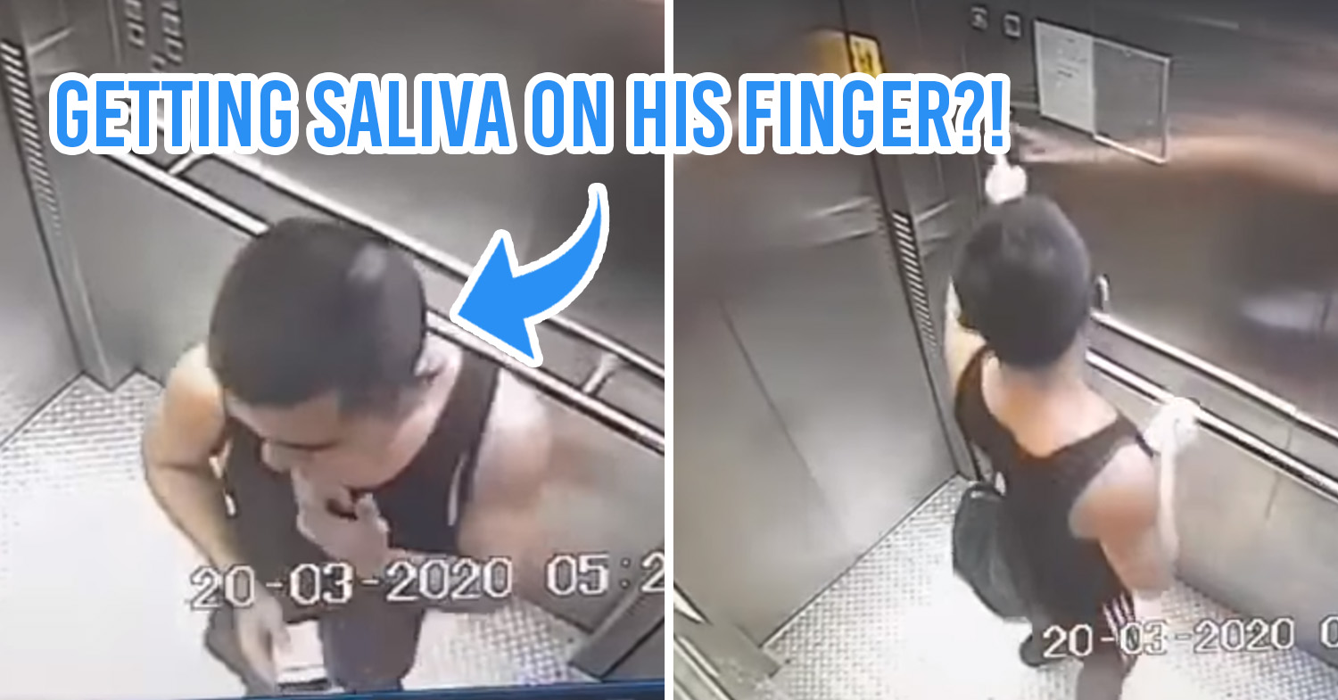 man wipes saliva in lift