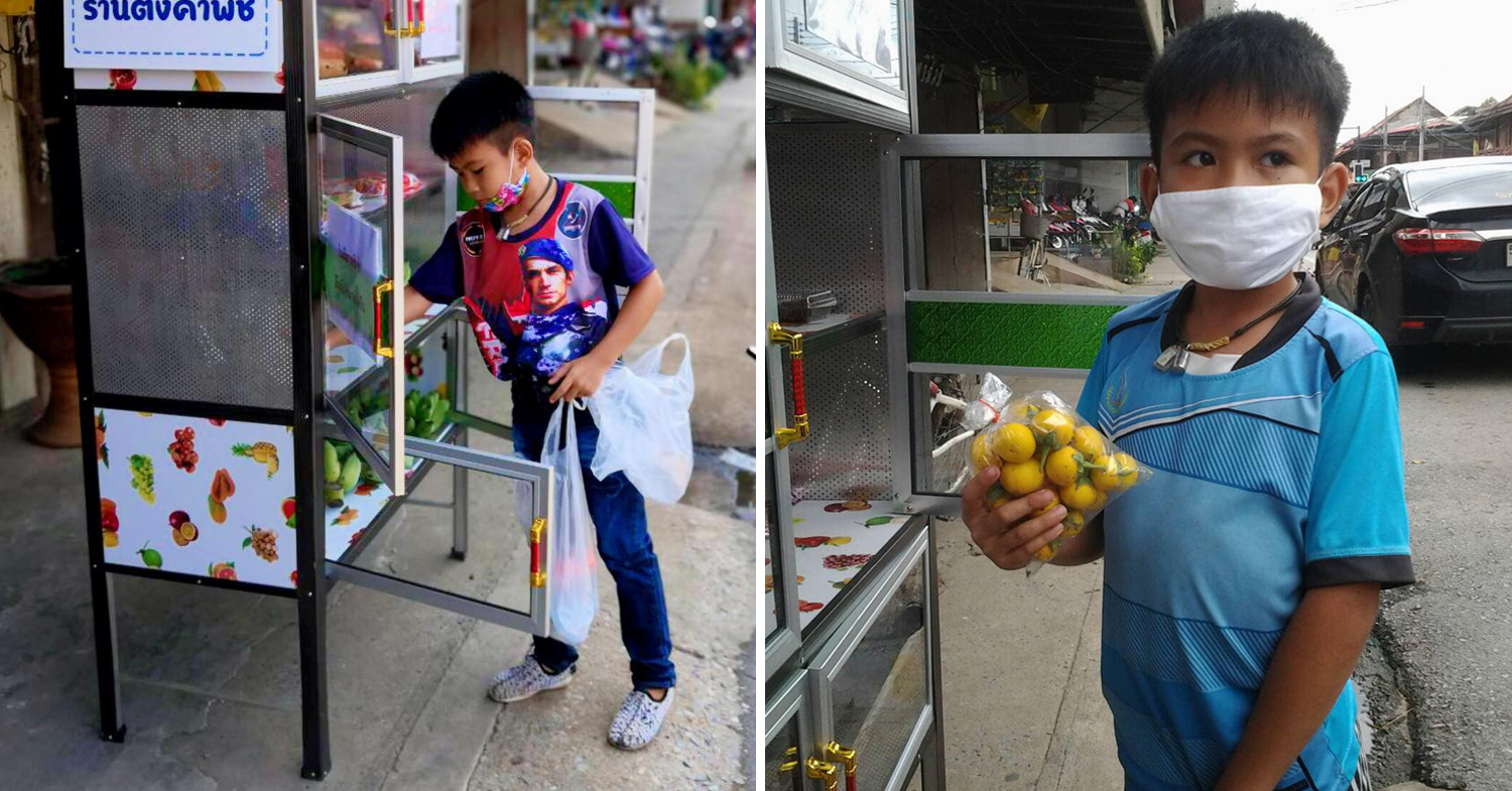 Thai Boy Shares Fresh Vegetables To Sharing Pantry