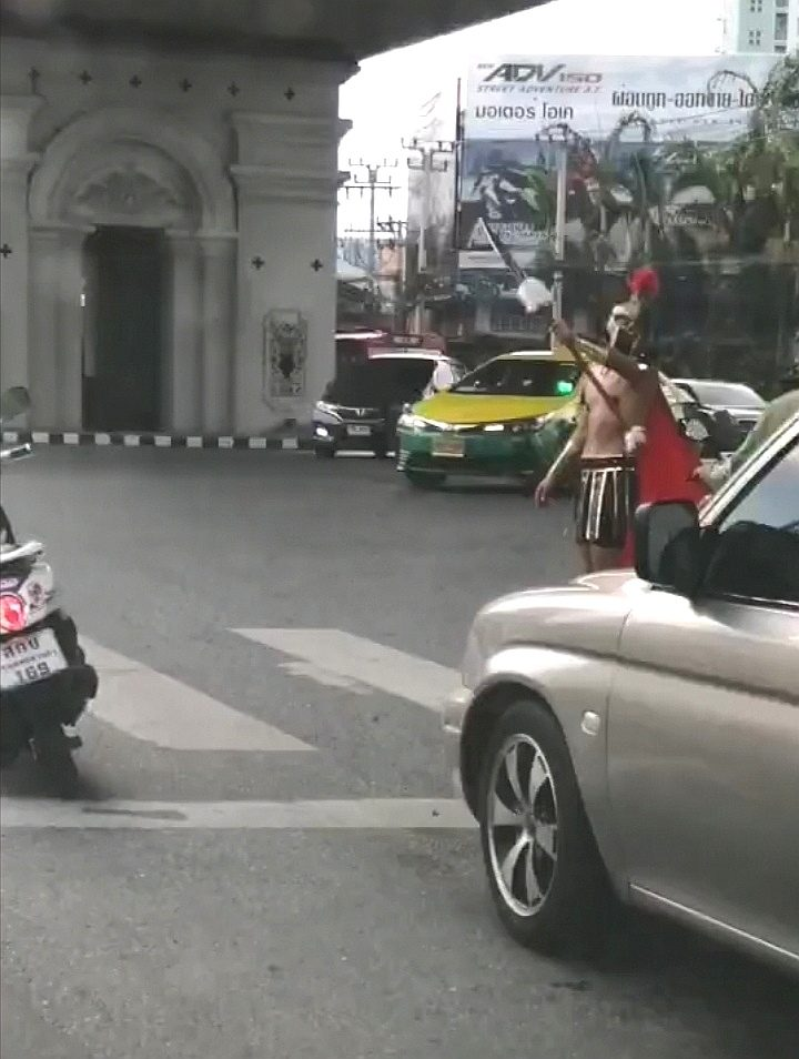 spartan cosplay on road