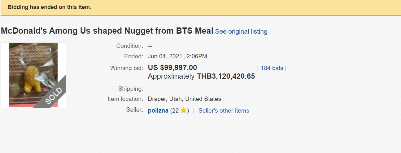 Among Us Shaped Nugget From McDonald’s BTS Meal Gets Sold On eBay For US$100,000
