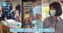 Thai Student Turns Desk Into Shrine Again, Covers Table In Buddha Amulets To Pass Finals