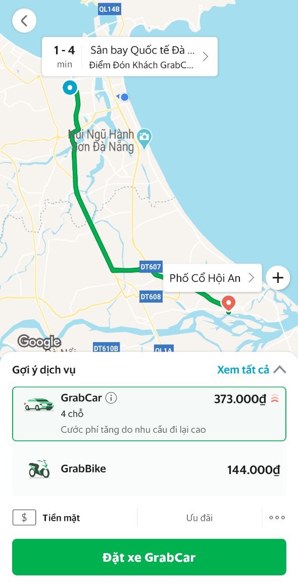 grabcar quote from danang to hoi an vietnam