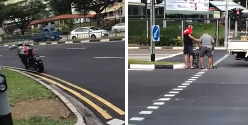 motorcyclist helping old man cross the road in singapore