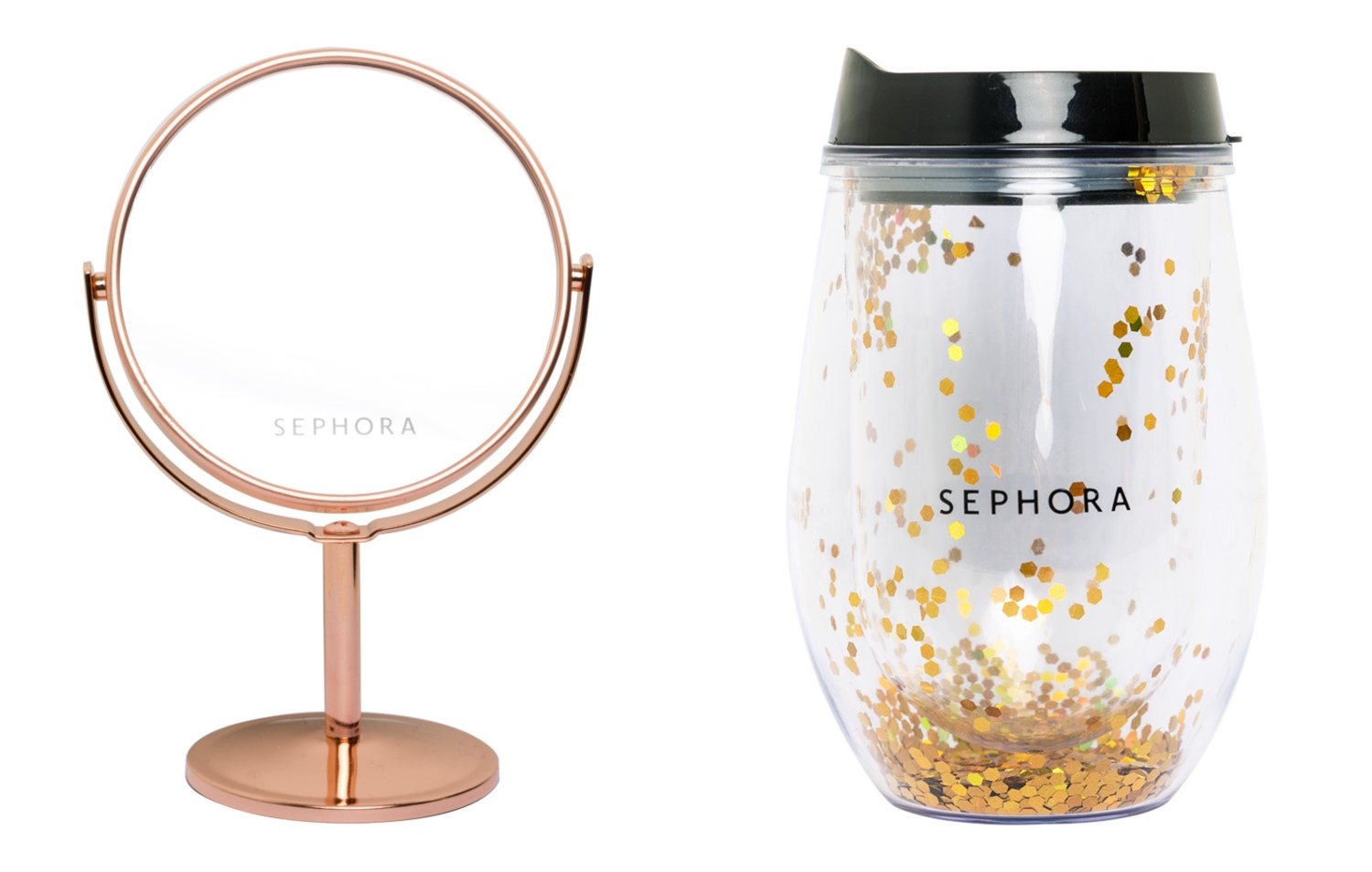 Sephora table mirror and Stay Tuned Gold Tumbler