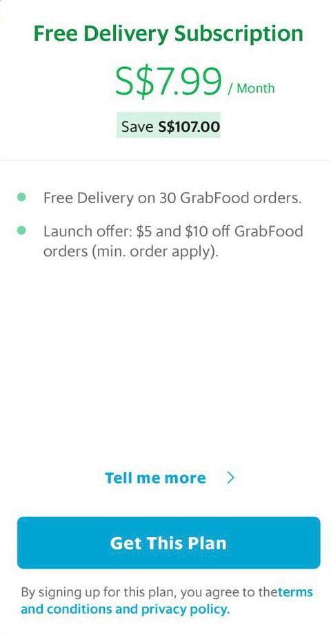 grabfood 7.99/month delivery subscription free deliveries