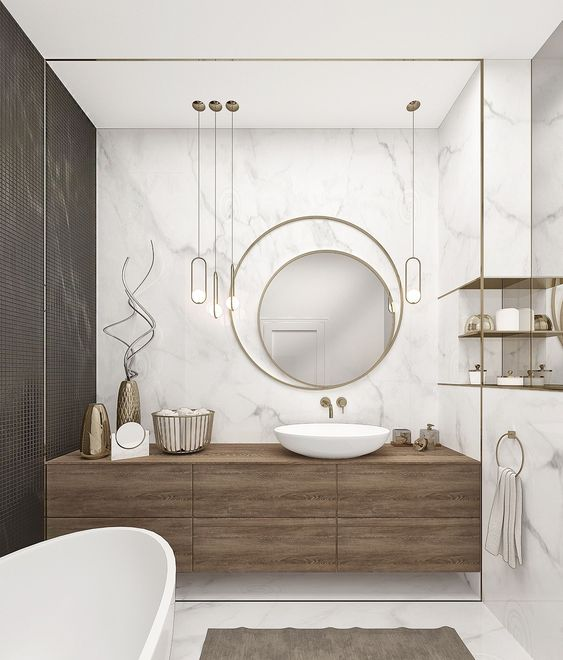 interior design ideas - marble wall with metallic trimmings in bathroom