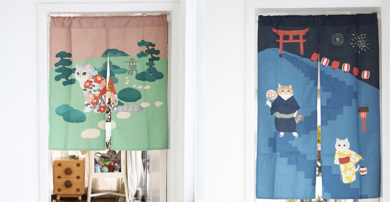 Japanese door curtains cat