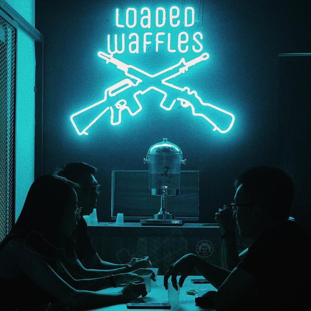 loaded waffles neon lights oblong dessert cafe 