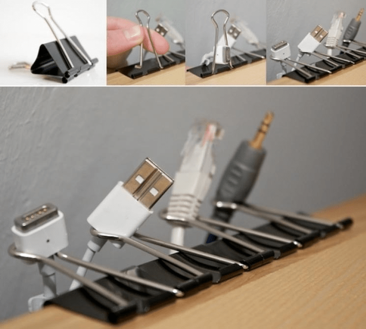 3. Keep phone cables in place with binder clips or Lego figurines 