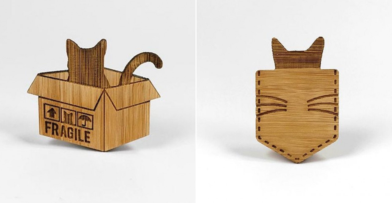 Wooden cat brooches Alfie De Meow