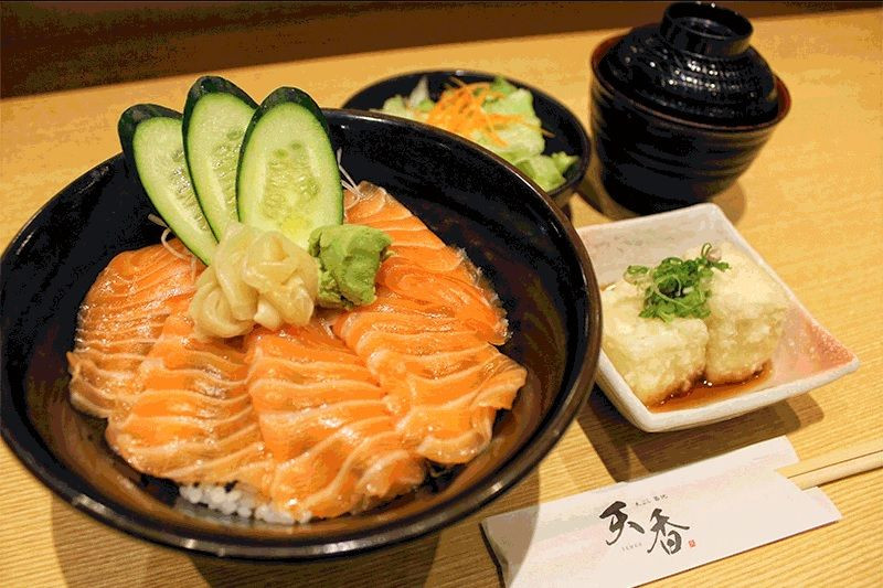salmon don agedashi tofu salad soup
