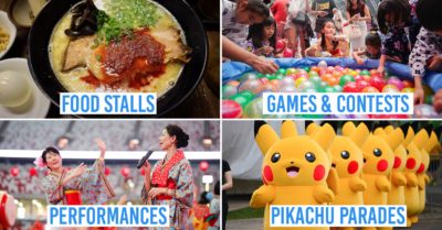 Japan Summer Festival 2019 - collage of ramen, balloon fishing, bon-odori dance, pikachu parade