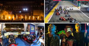 Singapore Grand Prix 2019 - collage of concert, race track, race simulators